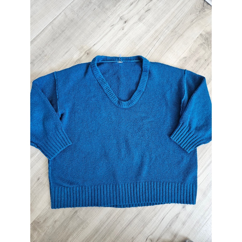 Free People V-Neck Sweater Teal Blue Oversized Knit Womens large